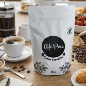 Café Peré Linha Doce Encanto: Grãos especiais em embalagem com prensa francesa, xícara e croissants.