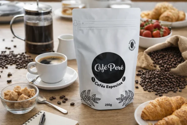 Café Peré Linha Doce Encanto: Grãos especiais em embalagem com prensa francesa, xícara e croissants.